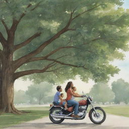 An illustration of a family: a man, a woman, and their child, riding a motorcycle together under the leafy shelter of a large tree.