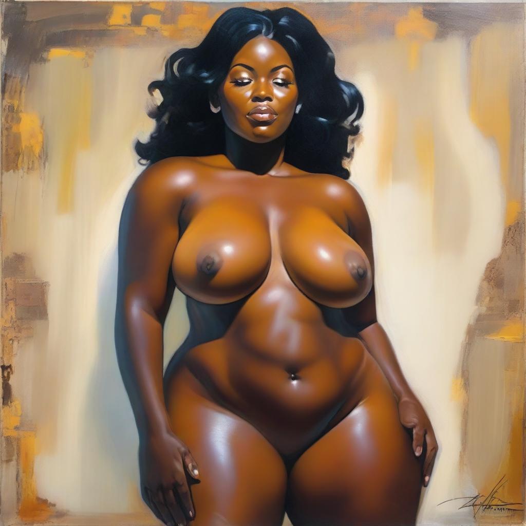 A polished oil-based painting featuring a full front body view focusing on the pelvic region of a sexy, thick, oiled Black woman