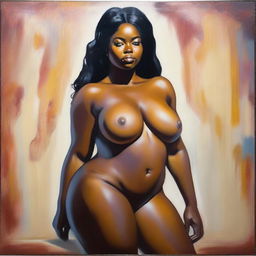 A polished oil-based painting featuring a full front body view focusing on the pelvic region of a sexy, thick, oiled Black woman