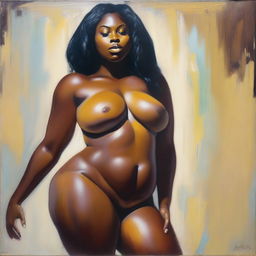 A polished oil-based painting featuring a full front body view focusing on the pelvic region of a sexy, thick, oiled Black woman