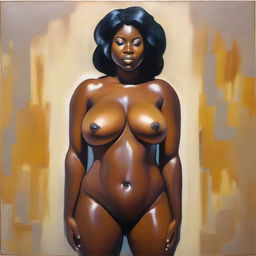 A polished oil-based painting featuring a full front body view focusing on the pelvic region of a sexy, thick, oiled Black woman