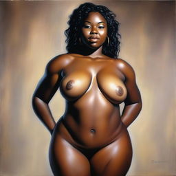 A polished, hyper-realistic, full-front body view oil-based painting focusing exclusively on the pelvic region of a sexy, thick, oiled Black woman