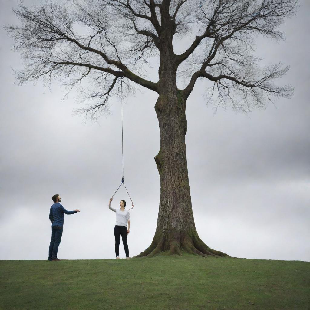 A woman imbued with the power of nature standing next to a man who harnesses the power of technology in a dynamic scene of contrast and balance.