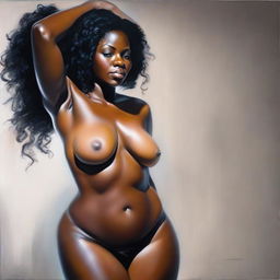 A polished, hyper-realistic, full-front body view oil-based painting focusing exclusively on the pelvic region of a sexy, thick, oiled Black woman