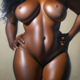 A polished, hyper-realistic, full-front body view oil-based painting focusing exclusively on the pelvic region of a sexy, thick, oiled Black woman