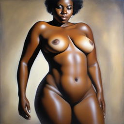 A polished, hyper-realistic, full-front body view oil-based painting focusing exclusively on the pelvic region of a sexy, thick, oiled Black woman