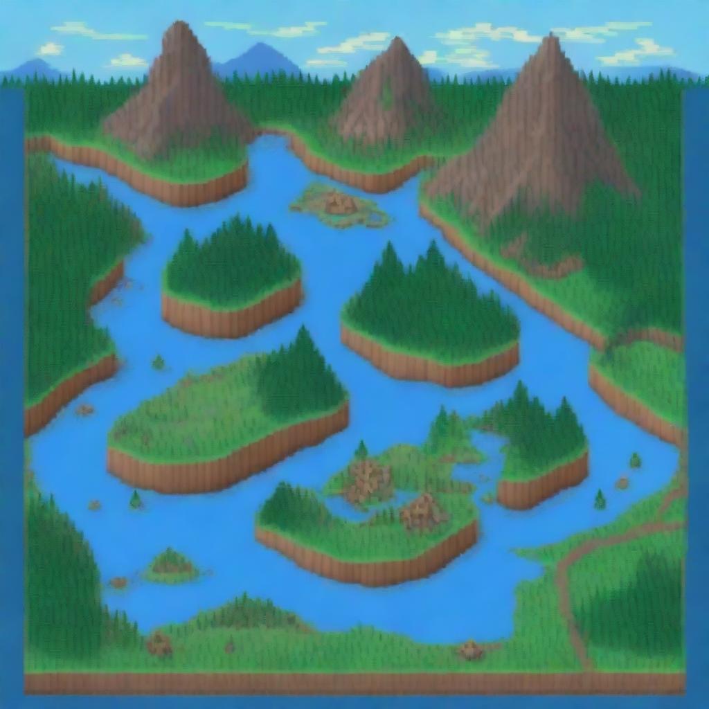 A detailed and colorful pixel art map showing various landscapes, including mountains, forests, rivers, and towns