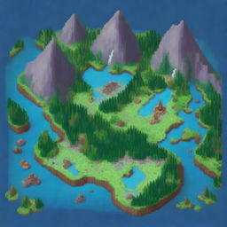 A detailed and colorful pixel art map showing various landscapes, including mountains, forests, rivers, and towns