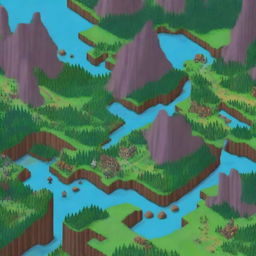 A detailed and colorful pixel art map showing various landscapes, including mountains, forests, rivers, and towns