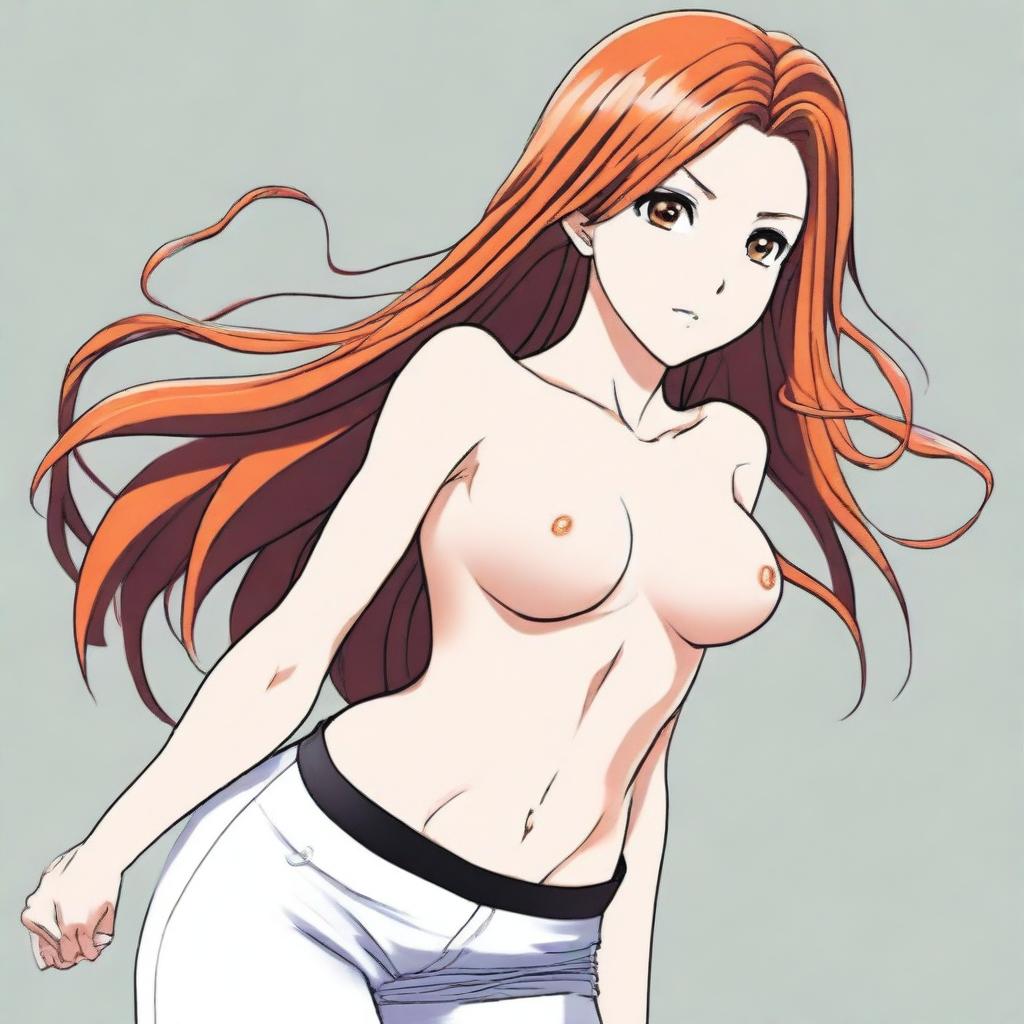 A detailed illustration of Orihime wearing tights pants and no shirt