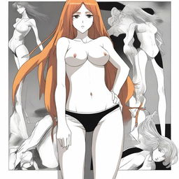 A detailed illustration of Orihime wearing tights pants and no shirt