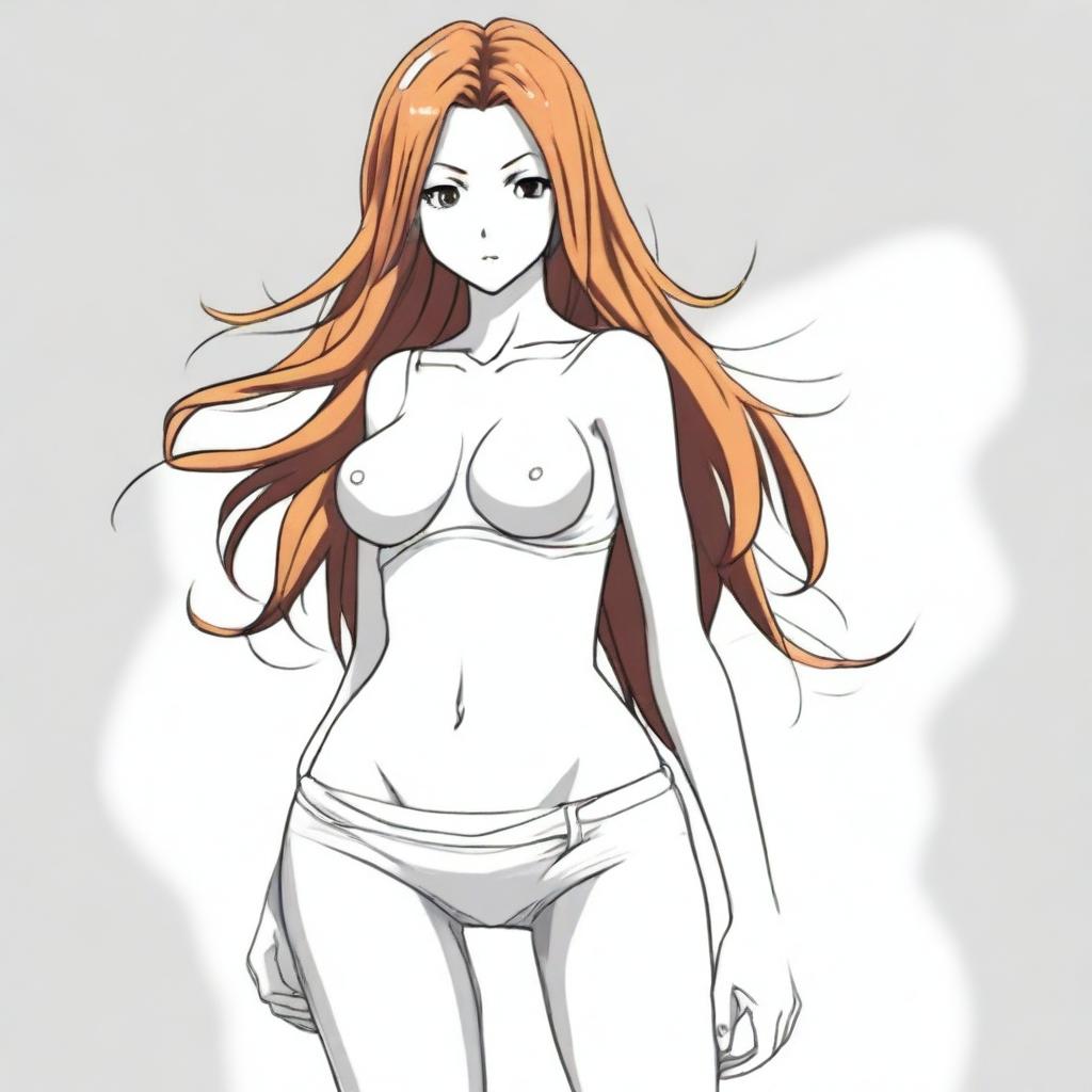 A detailed illustration of Orihime wearing tights pants and no shirt