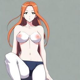 A detailed illustration of Orihime wearing tights pants and no shirt