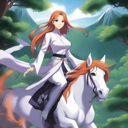 A detailed illustration of Orihime Inoue from Bleach riding a mystical creature through a fantasy landscape