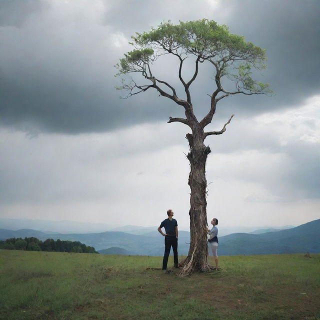 A woman imbued with the power of nature standing next to a man who harnesses the power of technology in a dynamic scene of contrast and balance.