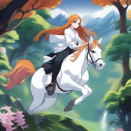 A detailed illustration of Orihime Inoue from Bleach riding a mystical creature through a fantasy landscape