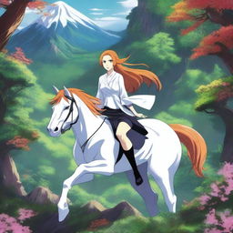 A detailed illustration of Orihime Inoue from Bleach riding a mystical creature through a fantasy landscape