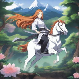 A detailed illustration of Orihime Inoue from Bleach riding a mystical creature through a fantasy landscape