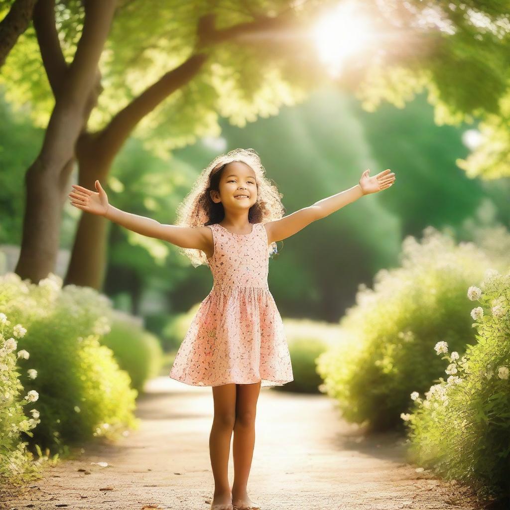 A young girl with a joyful expression stretches out her arms for a hug