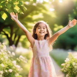 A young girl with a joyful expression stretches out her arms for a hug