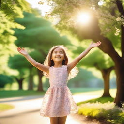 A young girl with a joyful expression stretches out her arms for a hug