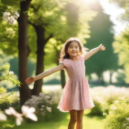 A young girl with a joyful expression stretches out her arms for a hug