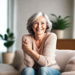 An adult woman with a warm smile stretches out her arms to hug the photographer