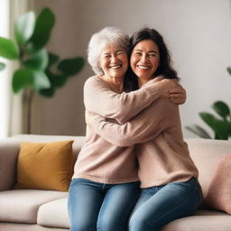 An adult woman with a warm smile stretches out her arms to hug the photographer