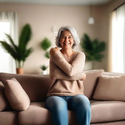 An adult woman with a warm smile stretches out her arms to hug the photographer