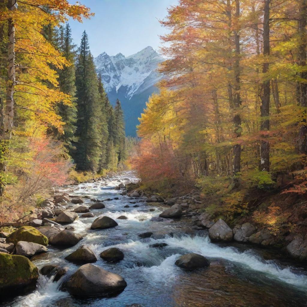 A lush, vibrant forest with dappled sunlight filtering through the richly colored leaves, a clear, flowing river in the foreground and majestic, snow-capped mountains in the distance.