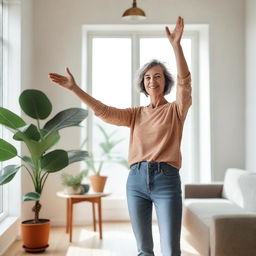 An adult woman with an inviting expression stretches her arms forward as if to hug the photographer