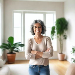 An adult woman with an inviting expression stretches her arms forward as if to hug the photographer