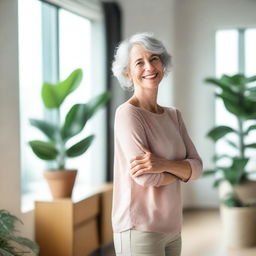 An adult woman with an inviting expression stretches her arms forward as if to hug the photographer