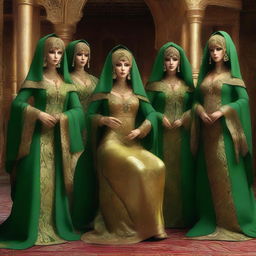 A group of women who are green dragonborn, dressed in the elegant and intricate attire of Arab courtesans