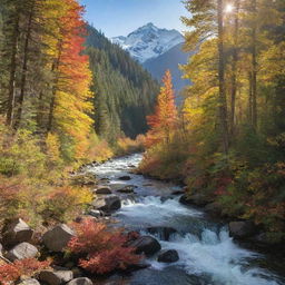 A lush, vibrant forest with dappled sunlight filtering through the richly colored leaves, a clear, flowing river in the foreground and majestic, snow-capped mountains in the distance.