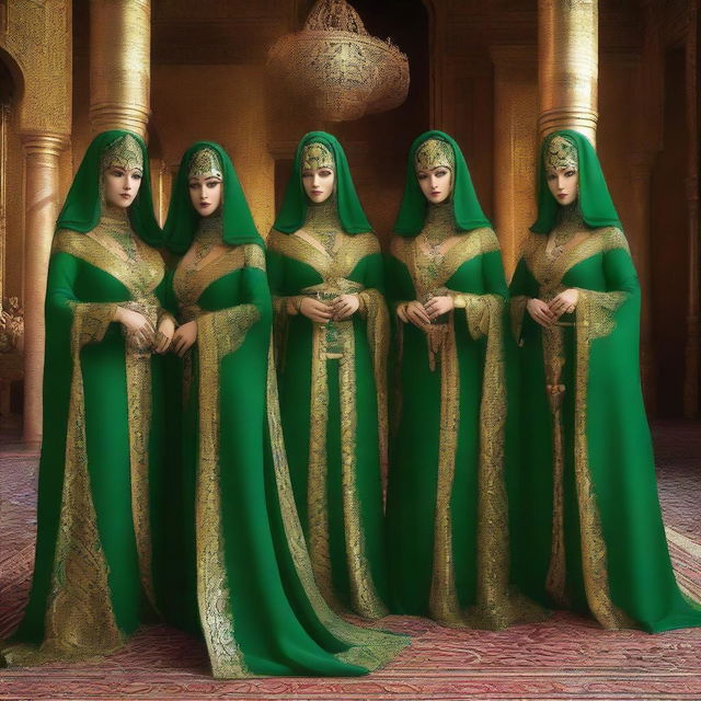 A group of women who are green dragonborn, dressed in the elegant and intricate attire of Arab courtesans