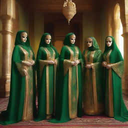 A group of women who are green dragonborn, dressed in the elegant and intricate attire of Arab courtesans