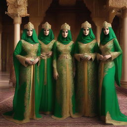 A group of women who are green dragonborn, dressed in the elegant and intricate attire of Arab courtesans