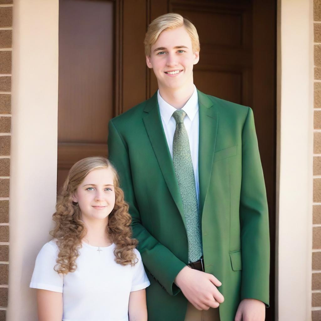 A tall, blond, 22-year-old Mormon man with dark green eyes standing at the door of the Latter Day Saint Christ church