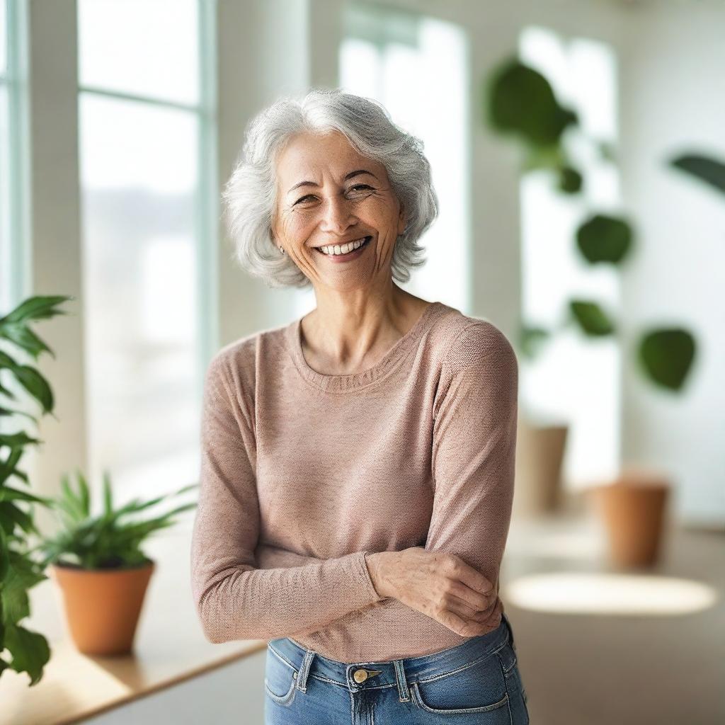 An adult woman with a friendly smile stretches her arms forward towards the photographer