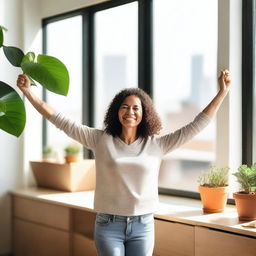 An adult woman with a friendly smile stretches her arms forward towards the photographer