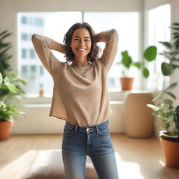 An adult woman with a friendly smile stretches her arms forward towards the photographer