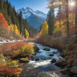 A lush, vibrant forest with dappled sunlight filtering through the richly colored leaves, a clear, flowing river in the foreground and majestic, snow-capped mountains in the distance.