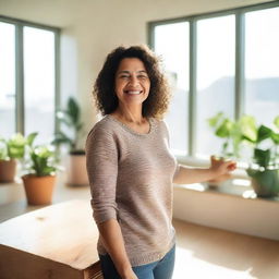 An adult woman with a friendly smile stretches her arms forward towards the photographer