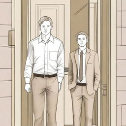 A sketch-style image depicting a tall, blond, 22-year-old Mormon man with dark green eyes standing at the door of the Latter Day Saint Christ church