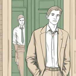 A sketch-style image depicting a tall, blond, 22-year-old Mormon man with dark green eyes standing at the door of the Latter Day Saint Christ church