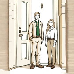 A sketch-style image depicting a tall, blond, 22-year-old Mormon man with dark green eyes standing at the door of the Latter Day Saint Christ church