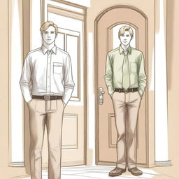 A sketch-style image depicting a tall, blond, 22-year-old Mormon man with dark green eyes standing at the door of the Latter Day Saint Christ church