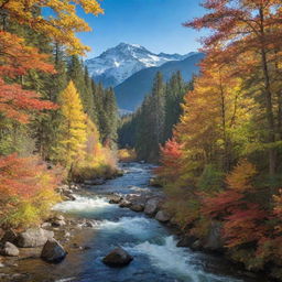 A lush, vibrant forest with dappled sunlight filtering through the richly colored leaves, a clear, flowing river in the foreground and majestic, snow-capped mountains in the distance.