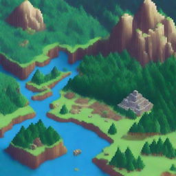 A detailed and colorful pixel art map showing various landscapes, including mountains, forests, rivers, and towns